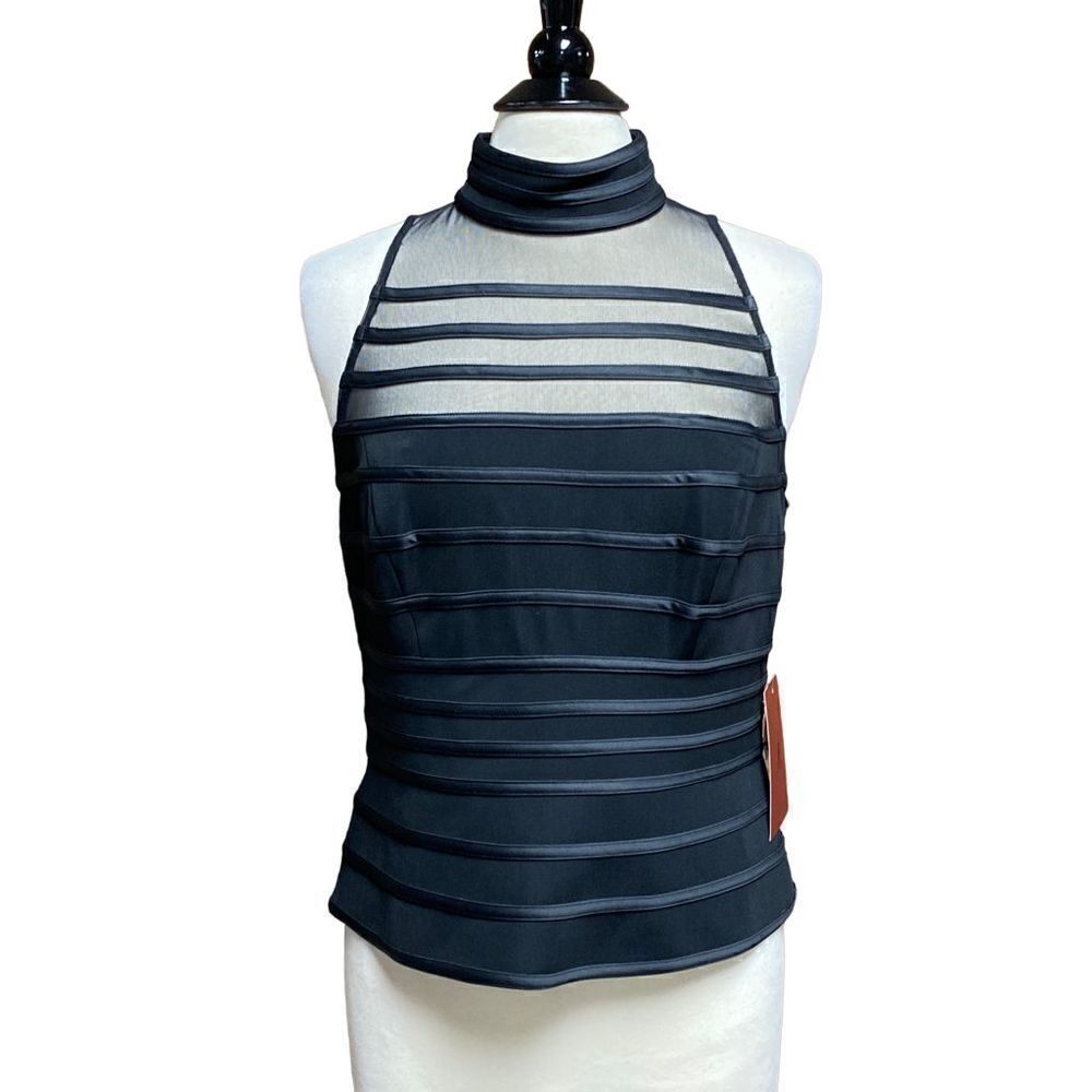 JS Collections Black Mock Neck Mesh Sleeveless Blouse Size 12 NEW
